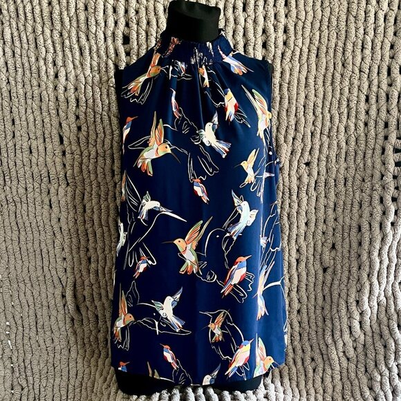 Navy Hummingbird Print Sleeveless Blouse - Mock Neck & Smocked Detail Size M - Picture 1 of 11